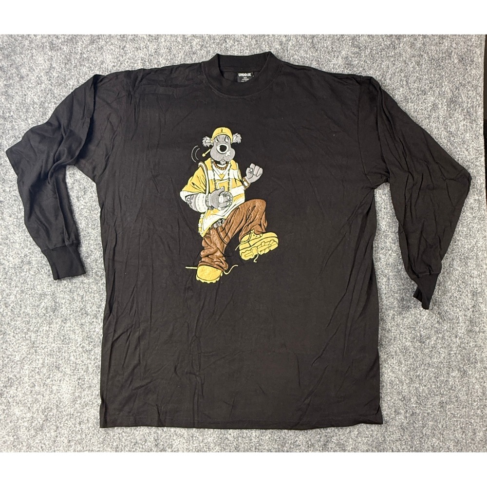Vintage Y2K UNIQUE Mens 2XL‎ Graphic Long Sleeve T Shirt Dog Cartoon Black